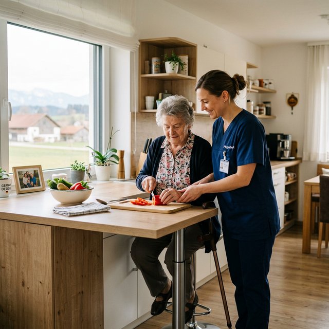 Pflegekraft unterstuetzt eine Seniorin im eigenen Zuhause